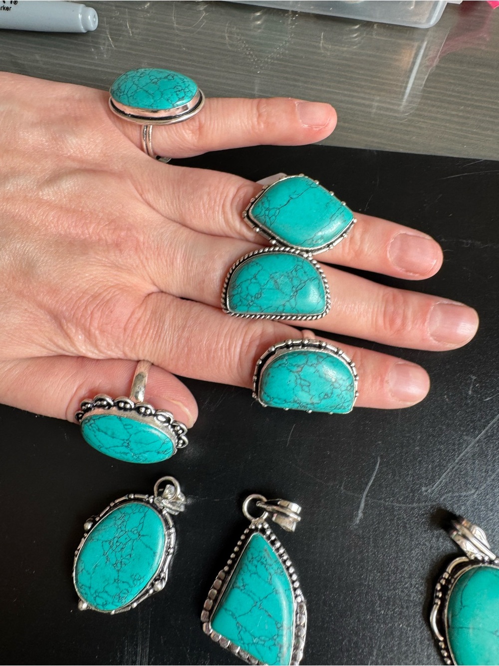 Reseller Bundle. 5- .925 stamped rings, 5-.925 turquoise colored pendants - Picture 4 of 9